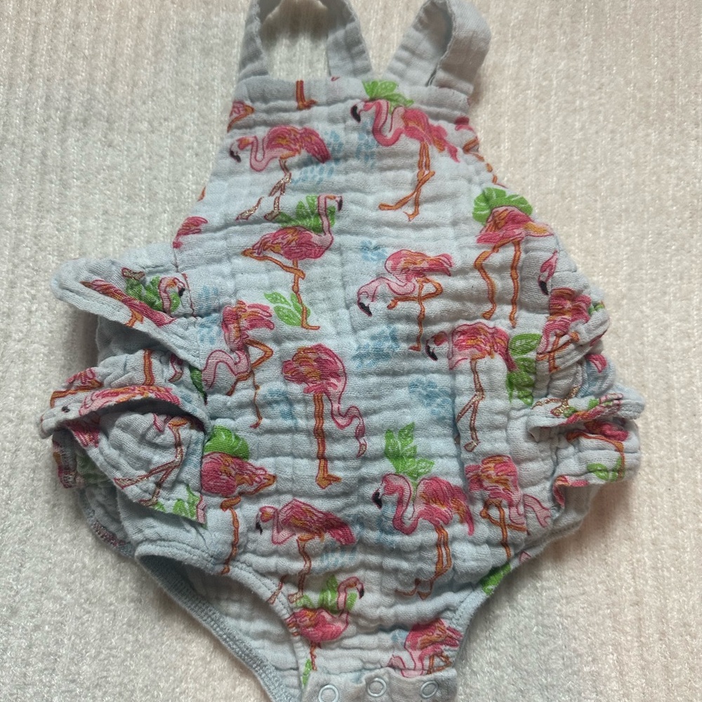 Mud Pie Pink Flamingo One-Piece Romper with Green Accents